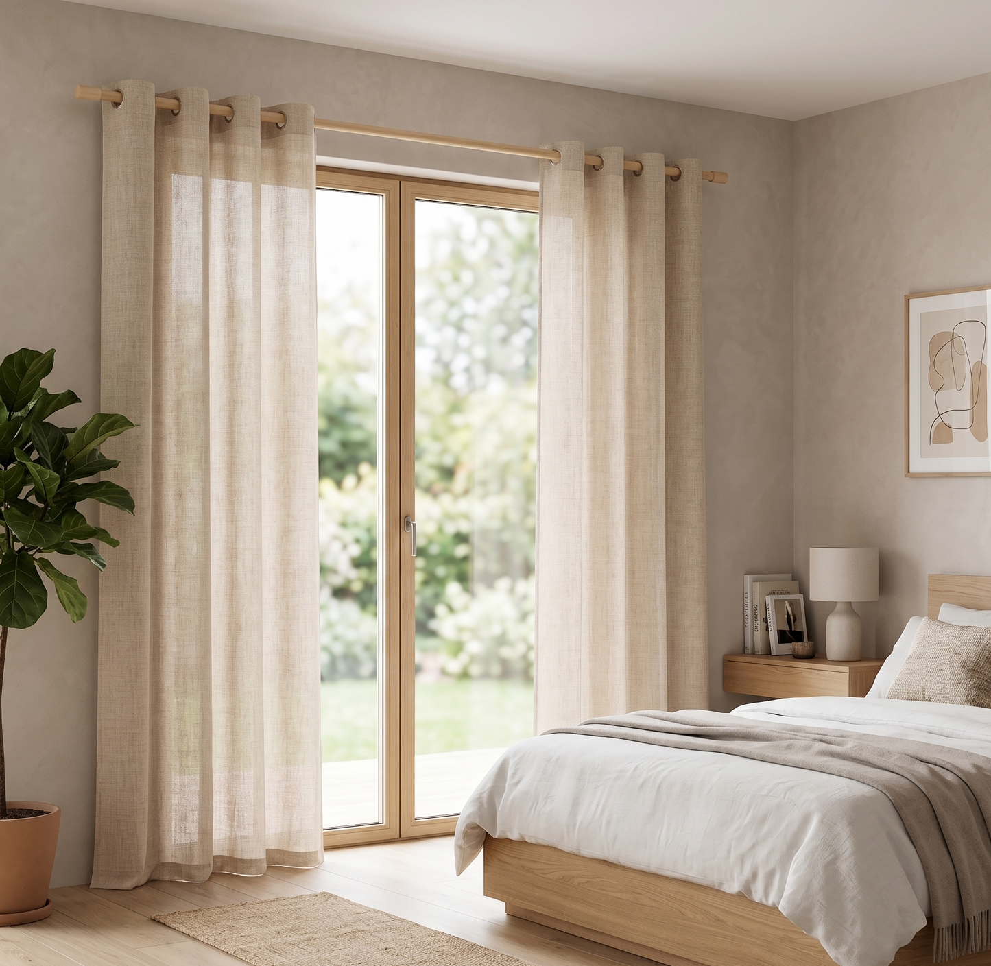 Rideau voilage aspect lin beige naturel à œillets