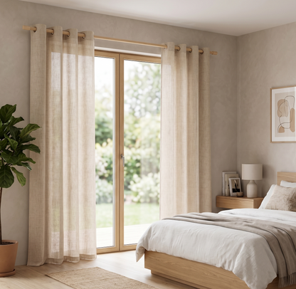 Rideau voilage aspect lin beige naturel à œillets